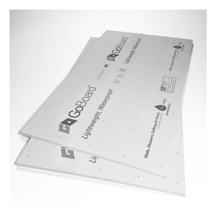 GoBoard waterproof tile backerboard installed in a shower area, providing a durable and moisture-resistant surface for tiling